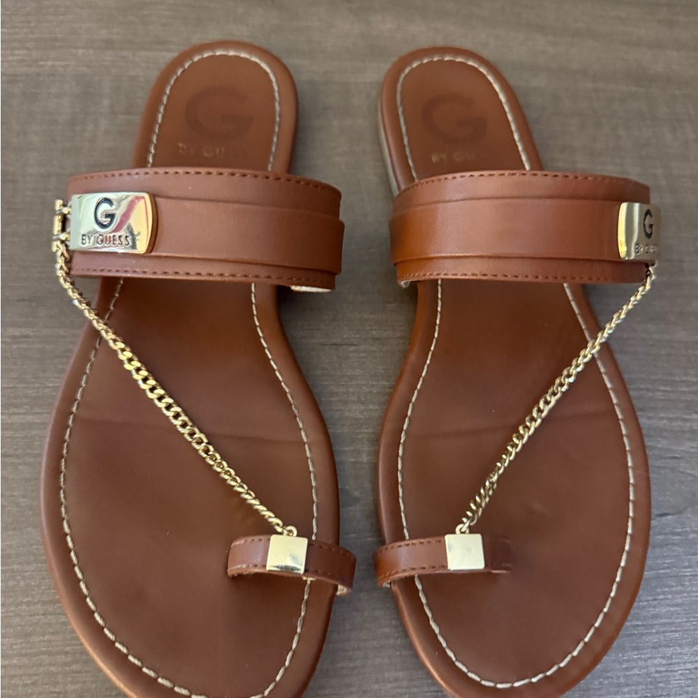 G by Guess Tan Sandals with Gold Chain Accent - Picture 2 of 6